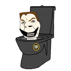 brown hair, gums, hair, nose, open mouth, orange eyes, skibidi, stretched mouth, teeth, toilet