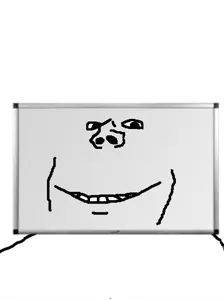 impish soyak ears, board, closed mouth, literal board, looking at you, nose, object, smile, white background