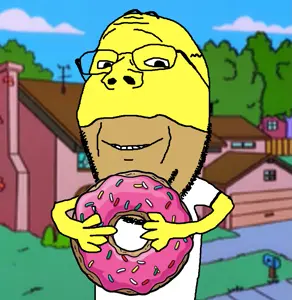 homer simpson, gapejak, wholesome soyjak, donut, holding object, house, yellow skin, the simpsons