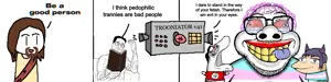 chudjak, bible, blue tongue, book, christianity, jesus christ, machine, pedophile, puppet, red eyes