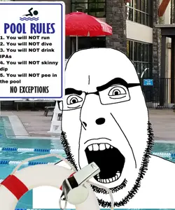 cobson, angry, glasses, irl background, open mouth, pool, sign, soyjak, stubble, text
