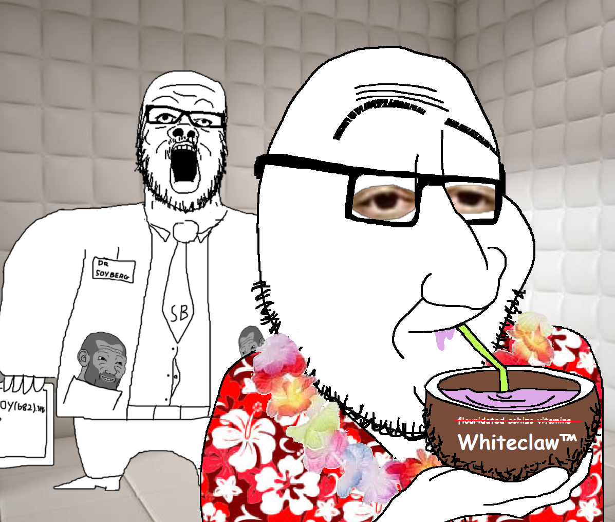 hellcat, dr. soyberg, gigachad, wojak, a24 slowburn soyjak, smugjak, /co/, clipboard, closed mouth, clothes