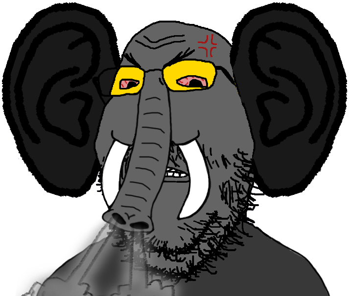 gapejak, mustached gapejak, anger mark, angry, animal, bloodshot eyes, ear, elephant, fume, glasses