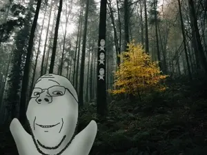 gapejak, wholesome soyjak, 4soyjaks, arm, forest, full body, glasses, irl background, leg, nature