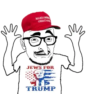 donald trump, longnose, clothes, ear, glasses, half open mouth, hands, hands up, hat, jewish nose