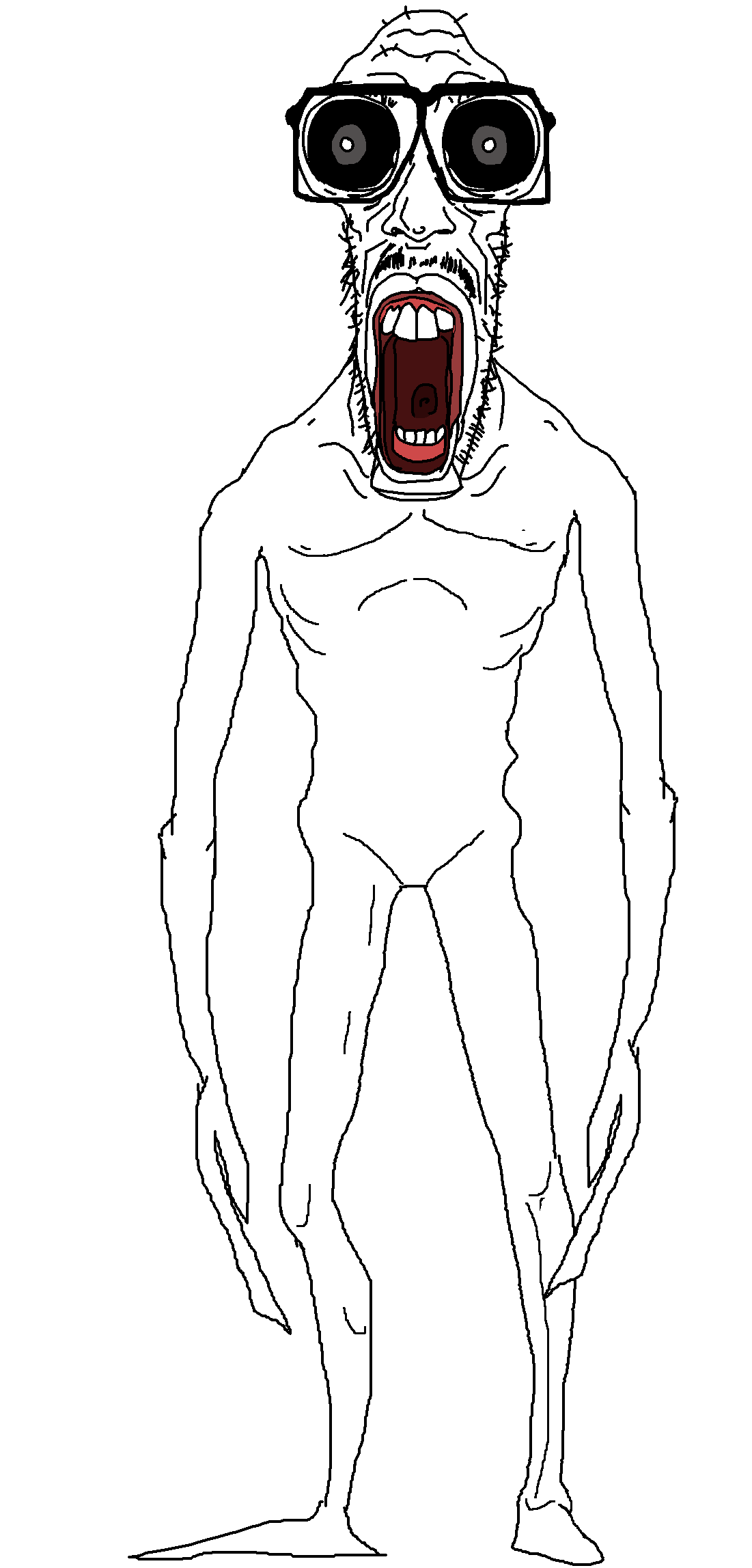 mentaljak, black sclera, body, buck teeth, full body, glasses, gray eyes, looking at you, monster, open mouth