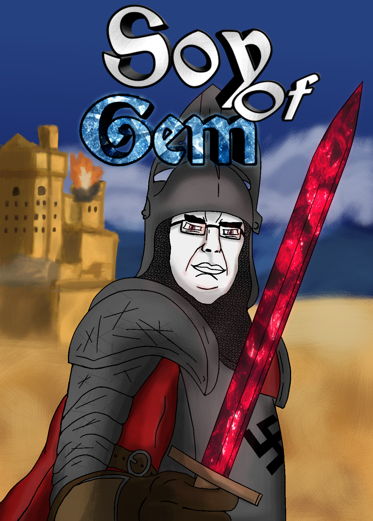 chudjak, chudjak front, armor, art, background, castle, chain mail, classical art parody, closed mouth, clothes