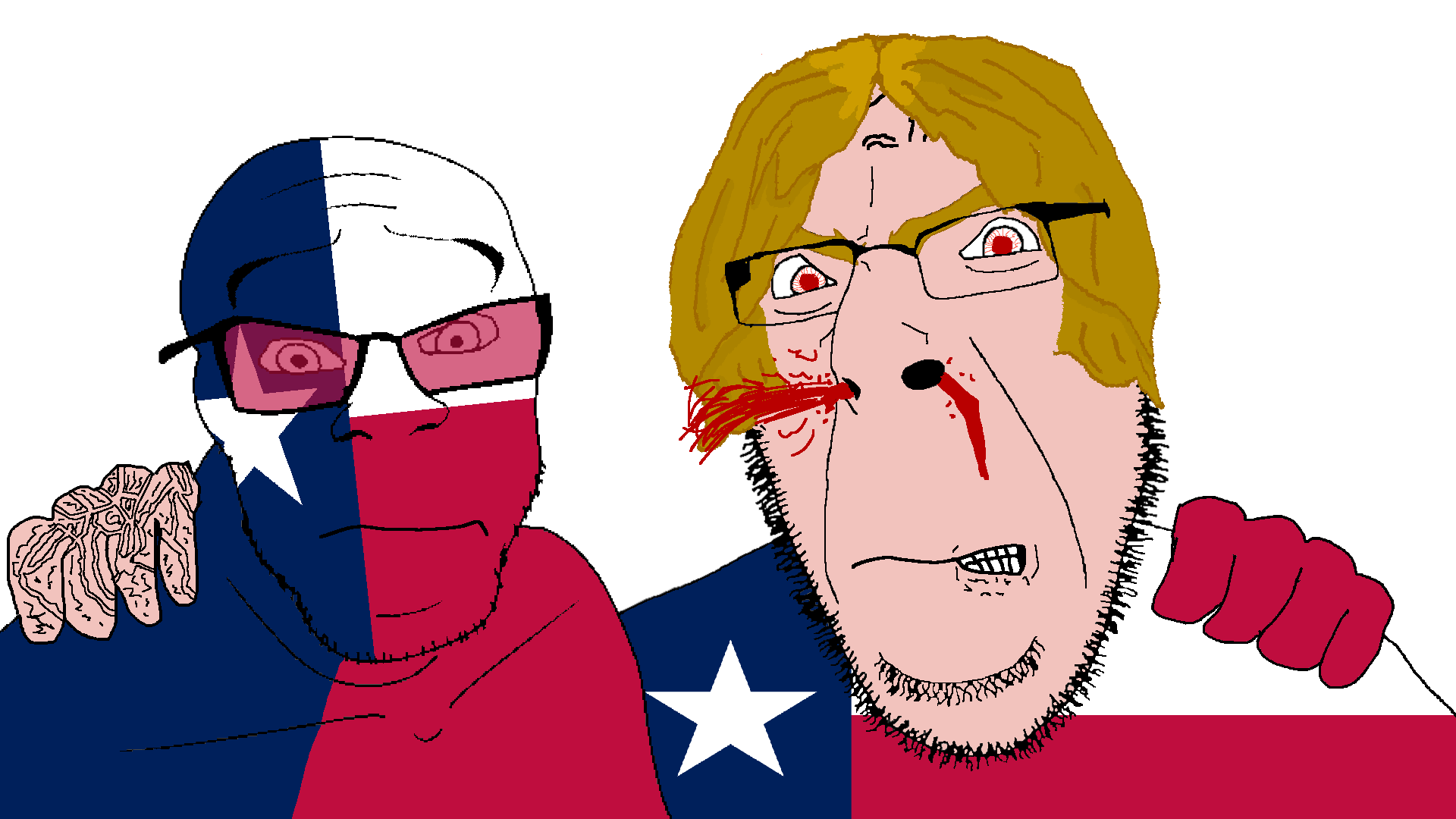 cobson, feraljak, no more brother wars, 2soyjaks, angry, bald, blonde hair, blood, bloodshot eyes, glasses