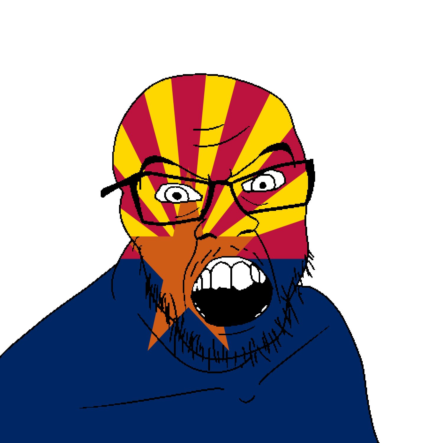 feraljak, angry, arizona, flag, glasses, hair, looking at you, mustache, open mouth, soyjak