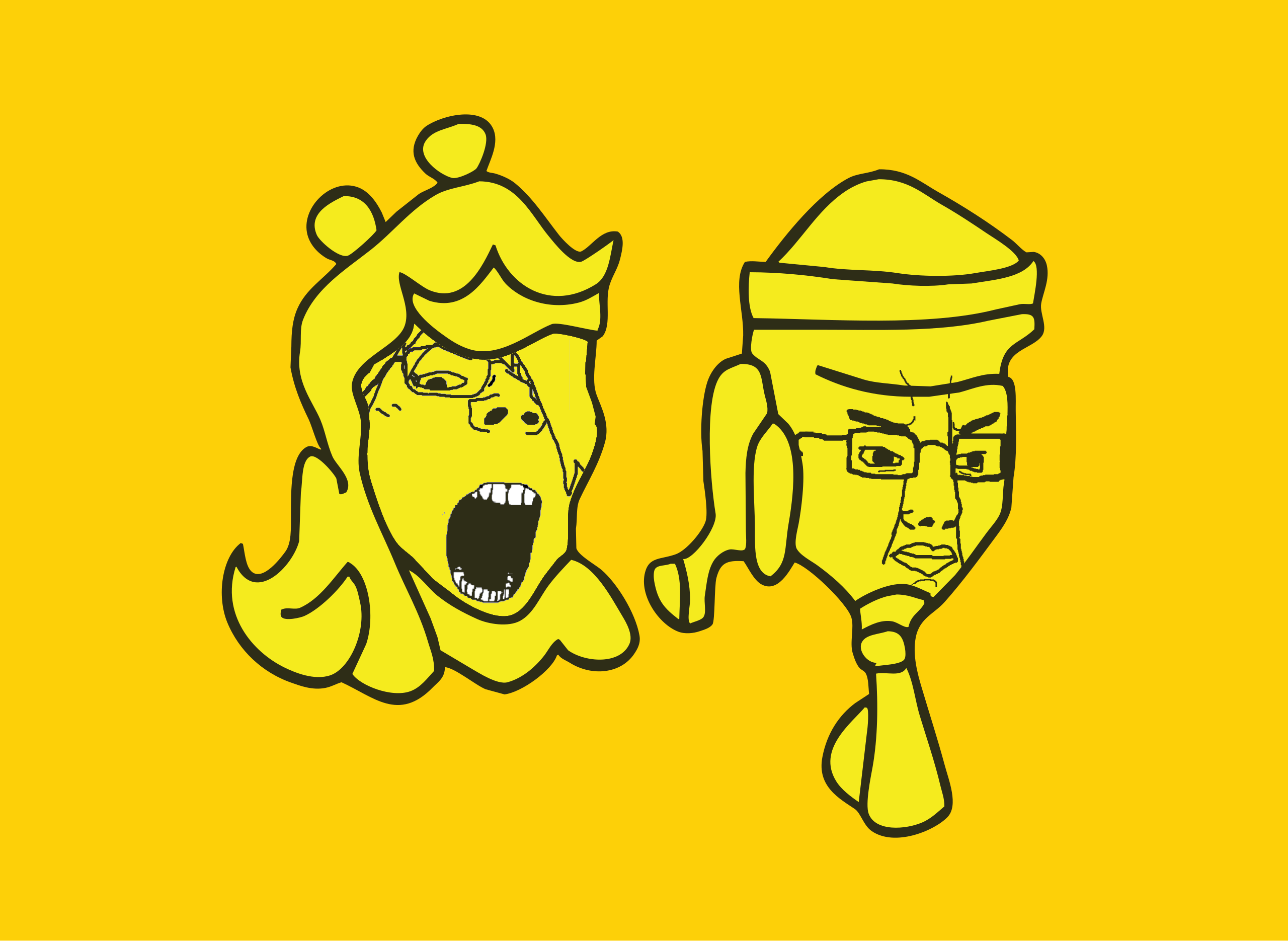 chudjak, gapejak, female gapejak, terryjak, femjak, 2soyjaks, accessory, angry, blonde hair, bushy eyebrows