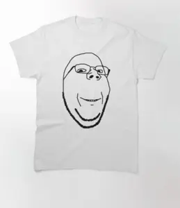 gapejak, wholesome soyjak, clothes, glasses, merchandise, monochrome, no eyebrows, smile, soyjak, stubble