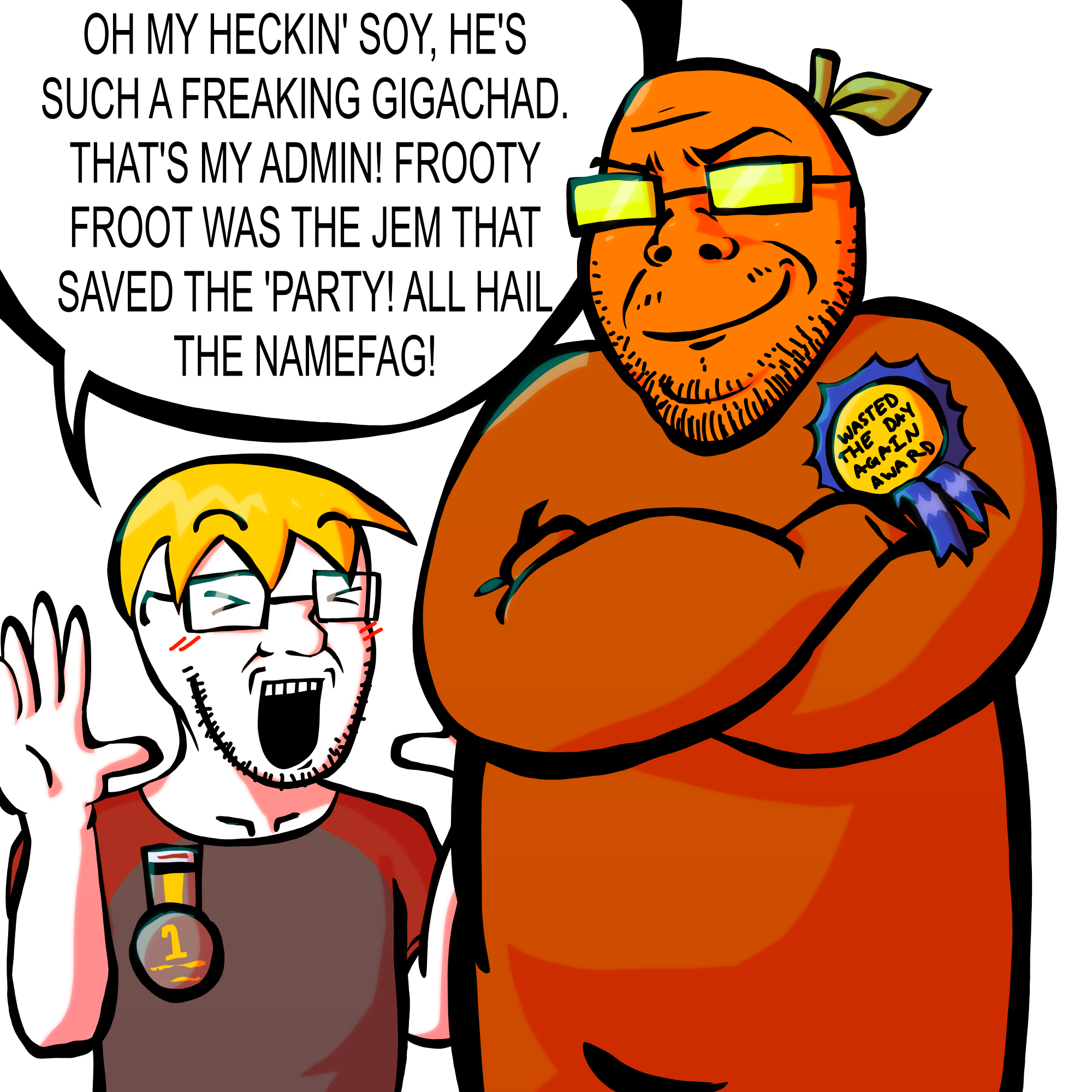 nate higgers, excited soyjak, gapejak, wholesome soyjak, natejak, 2soyjaks, admin, award, blonde hair, closed mouth