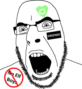 cobson, cuckoldry, elf, glasses, green, green tattoo, open mouth, orc, orced, soyjak