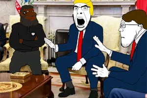 donald trump, cobson, markiplier soyjak, meximutt, mexiaryan, neutralplier, sideplier, 3soyjaks, black skin, blue pants