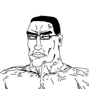 chudjak, perceptive chud, perceptive chud front, animated, black hair, closed mouth, front view, hair, three-quarter view, transparent background