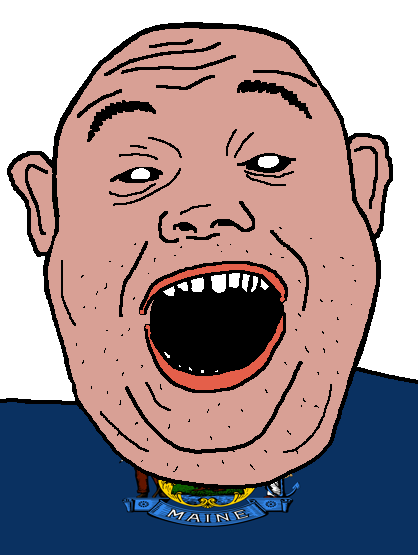 alicia, amerimutt, black sclera, blue shirt, clothes, ear, flag, maine, open mouth, soyjak
