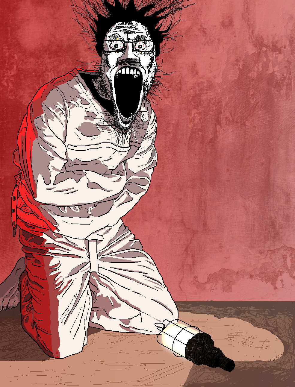 markiplier soyjak, schizojak, asylum, bloodshot eyes, clothes, crazed, creepy, drawn background, full body, glasses