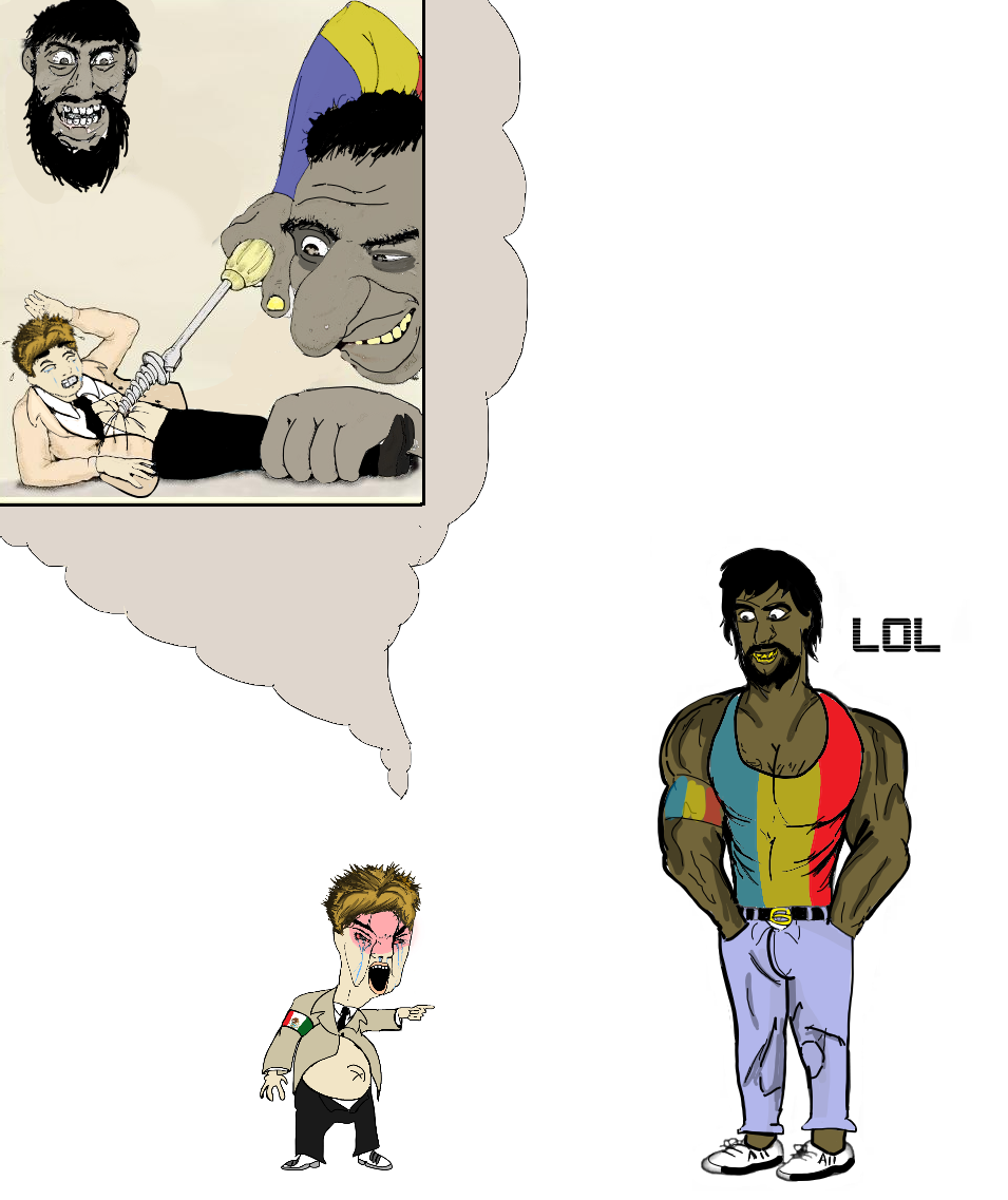 romanian schizo, happy merchant, chudjak, arm, beard, belt, blonde hair, bloodshot eyes, brown skin, buff
