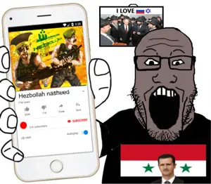 markiplier soyjak, phoneplier vertical, showing phone, arm, bashar alassad, black skin, clothes, flag, hands, hezbollah