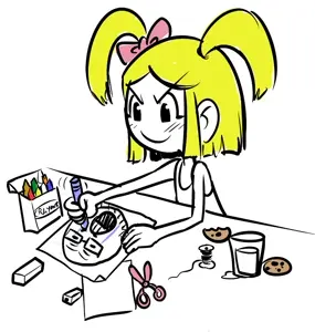 unknown, blonde hair, bow, brimmiest comments section☣️☣️☣️ do not enter☣️☣️☣️, cookie, crayon, drawing, food, hair, milk