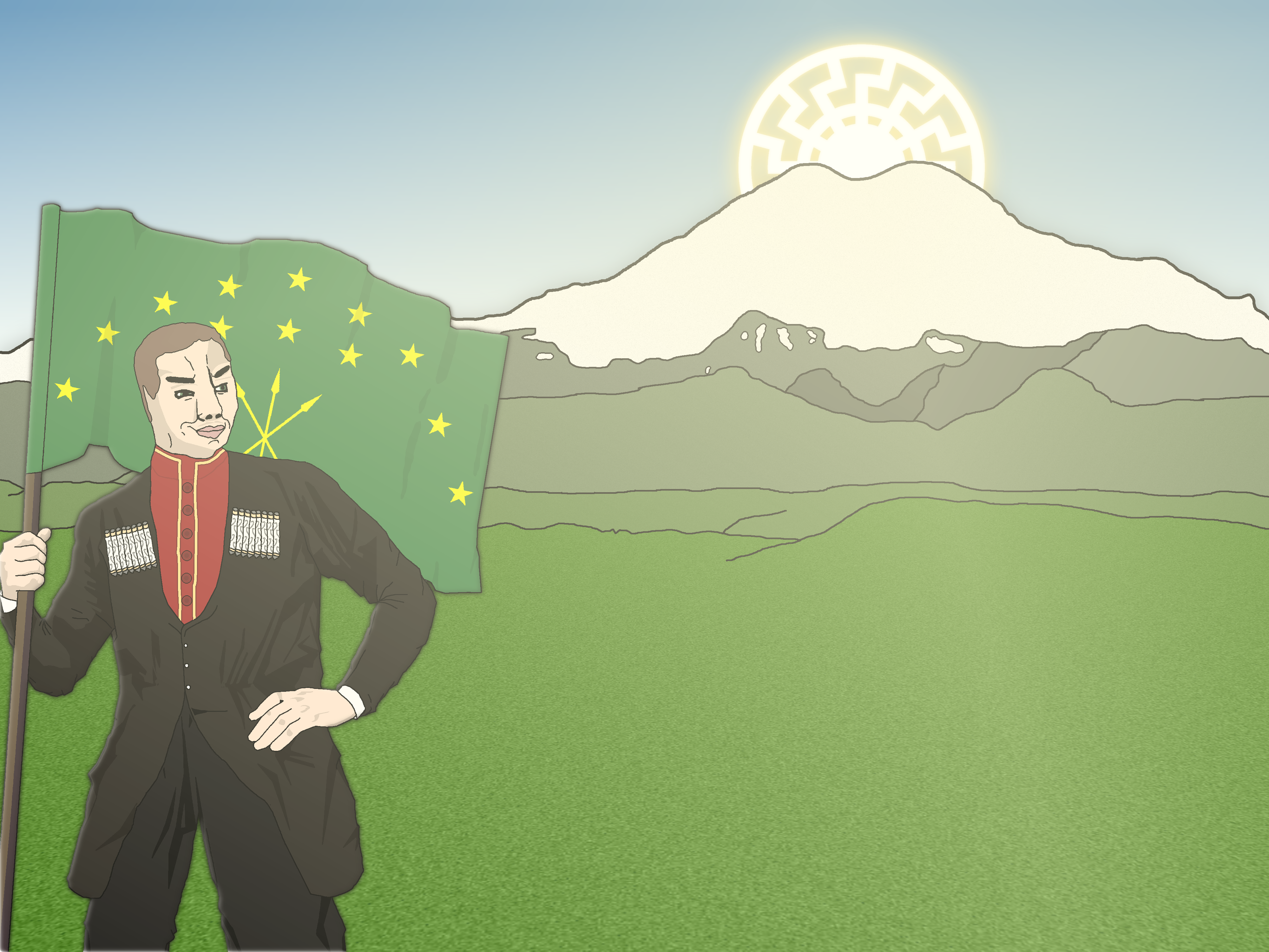 chudjak, aryan, militant chud holding flag, a10 eyes, agartha, aryan chad, based, brown hair, caucasus, caucasus mountains