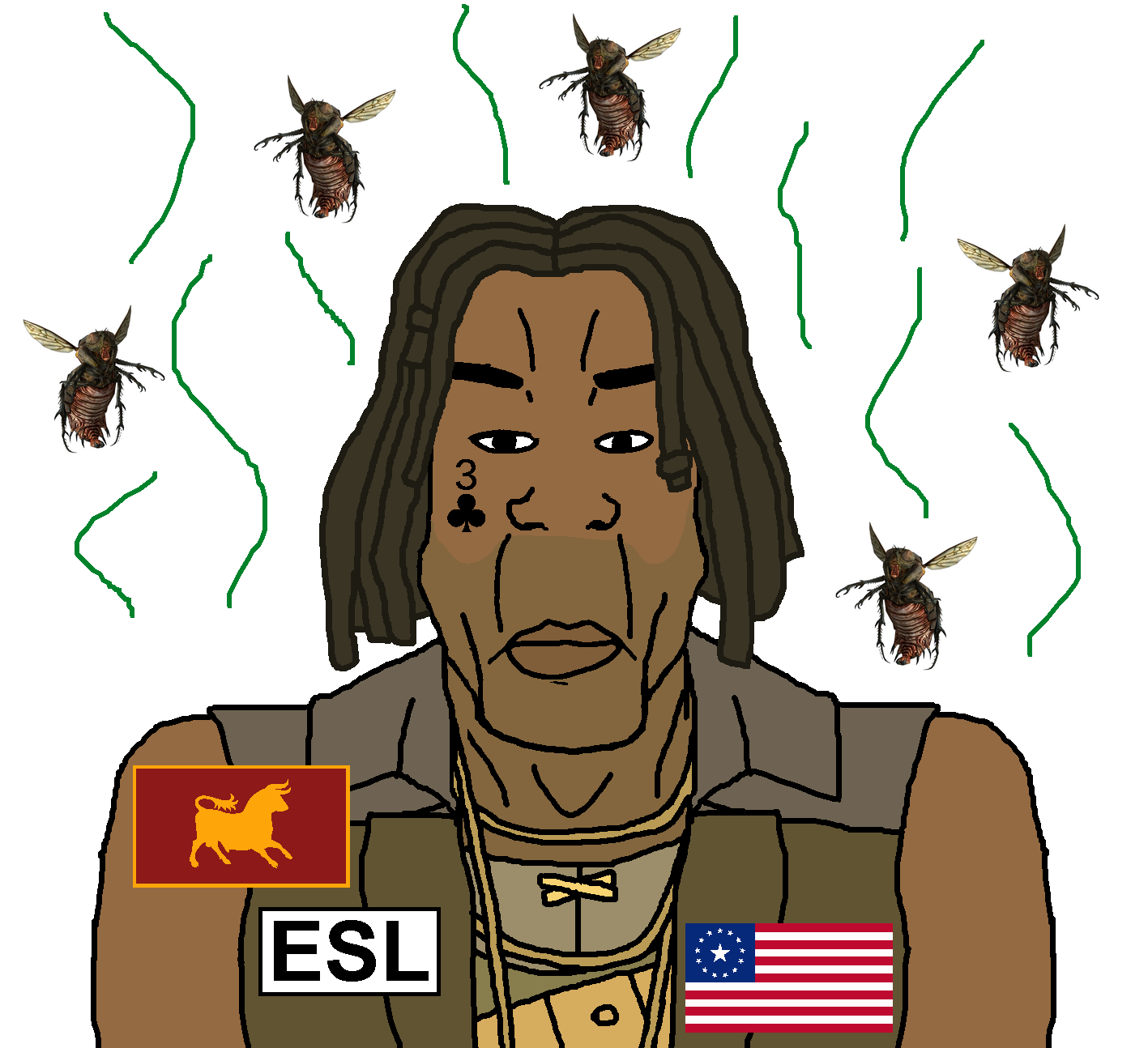 chudjak, markiplier soyjak, chudjak front, chudplier, esl pedo league, 3 of clubs, animal, armor, brown skin, bug