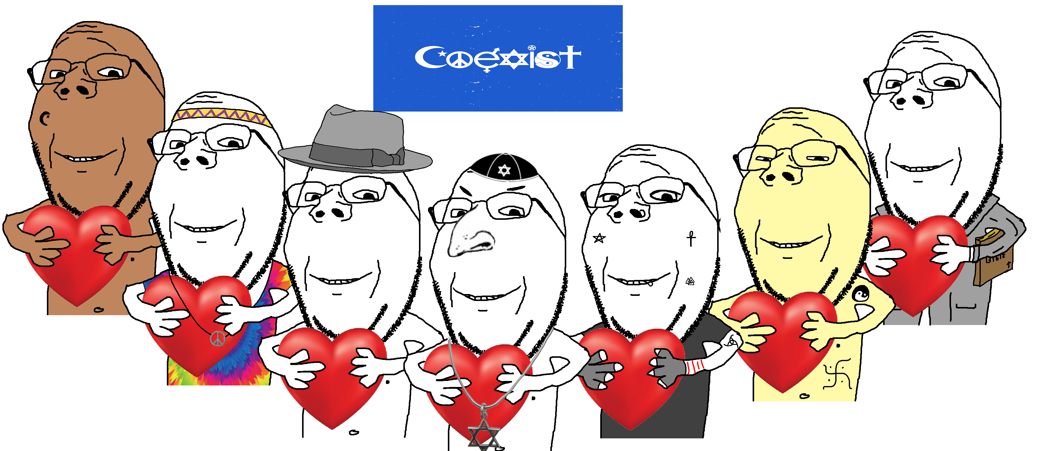 gapejak, ankh, atheism, bible, brown skin, buddhism, christianity, coexist, fedora, glasses