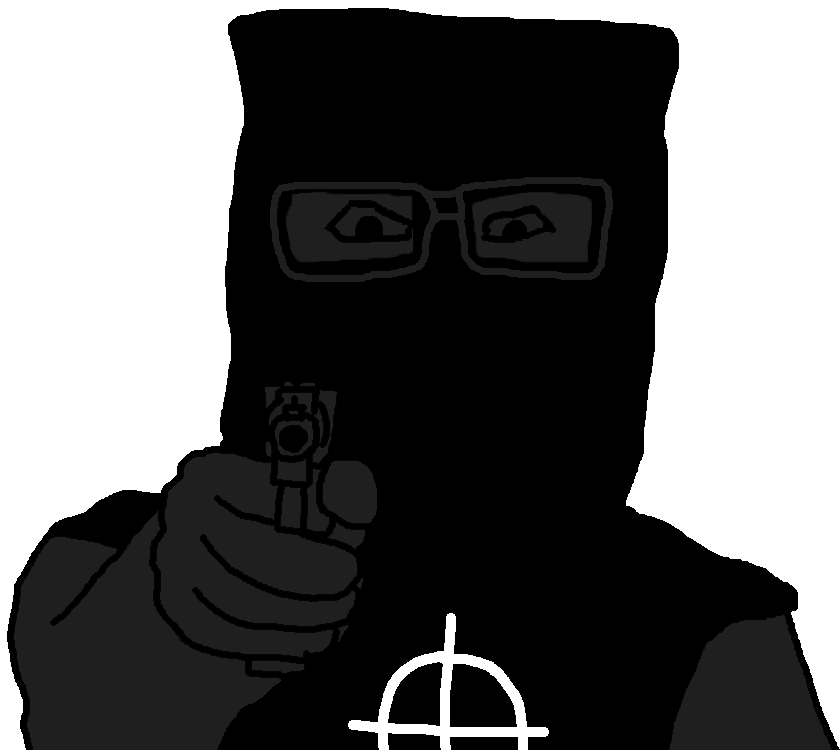 markiplier soyjak, black hood, celtic cross, cross, dress, eyes, firearm, glasses, gun, hands