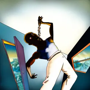 imhotep, soyngo boyngo, album cover, arm, bloodshot eyes, clothes, door, drawn background, drink, full body