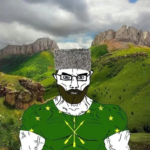 chudjak, chudjak front, muscular chud, aryan, a10 eyes, beard, brown hair, buff, circassian, circassian flag