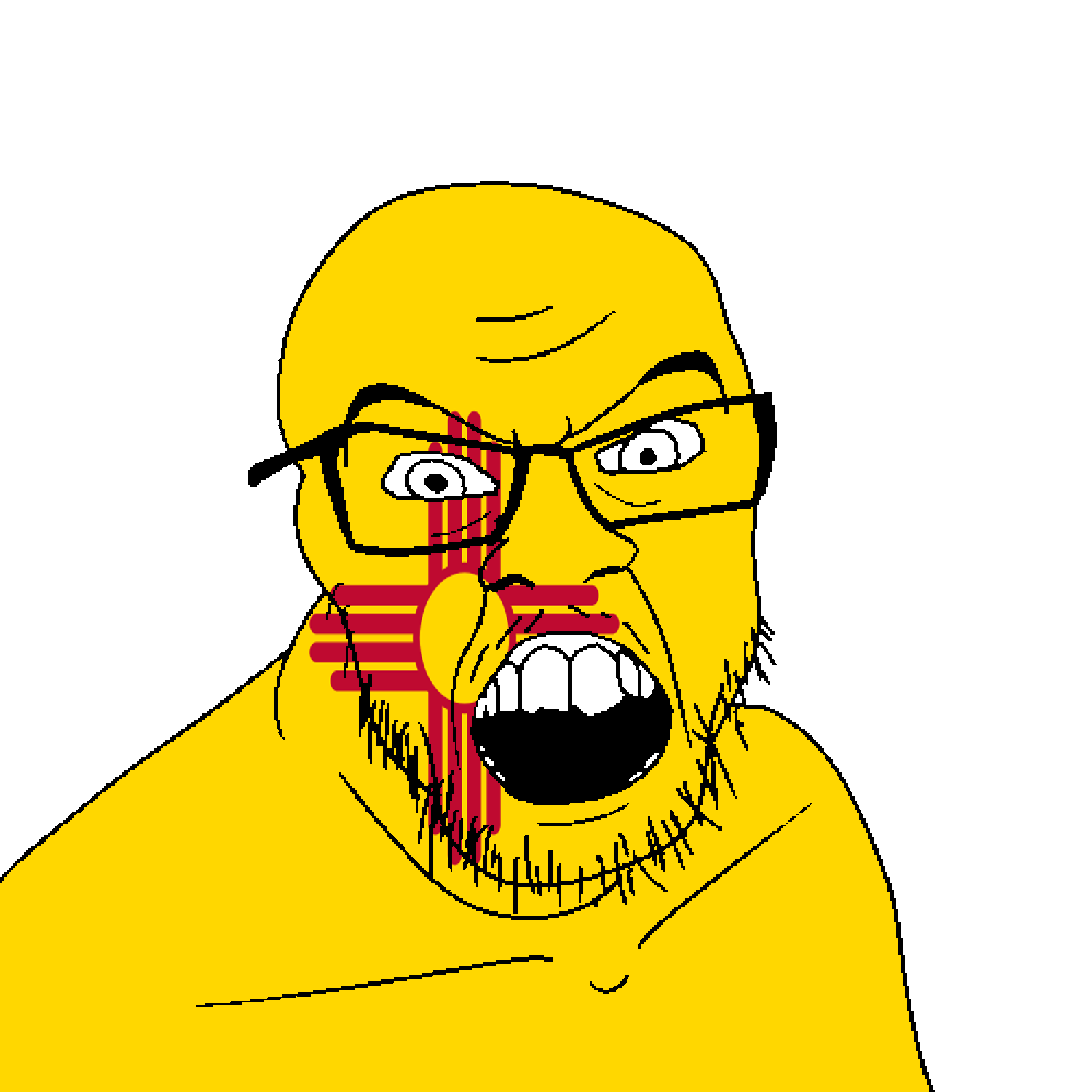 feraljak, angry, flag, glasses, hair, looking at you, mustache, new mexico, open mouth, soyjak