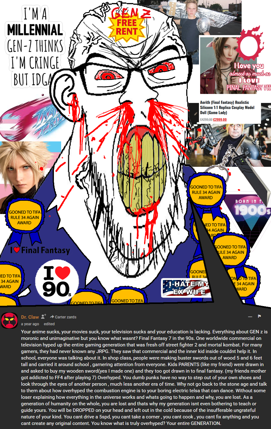 feraljak, aerith gainsborough, award, blood, bloodshot eyes, cloud strife, comment, final fantasy vii, glasses, keyboard warrior