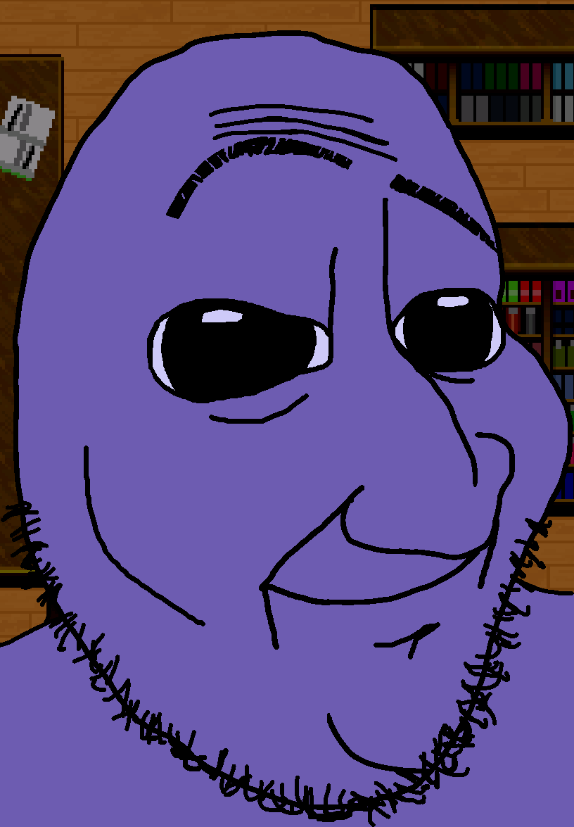 ao oni, smugjak, background, big eyes, bookshelf, closed mouth, demon, eyebrows, game, large eyes