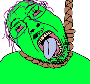 bernd, hanging troonjak, troonjak, gigachadhero's colorful troonjaks, ack, bloodshot eyes, crying, death, glasses, green