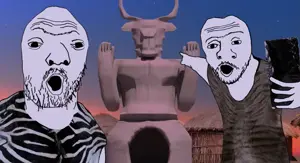 two pointing soyjaks, arm, cleavage, clothes, deformed, glasses, hands, hut, moloch, open mouth