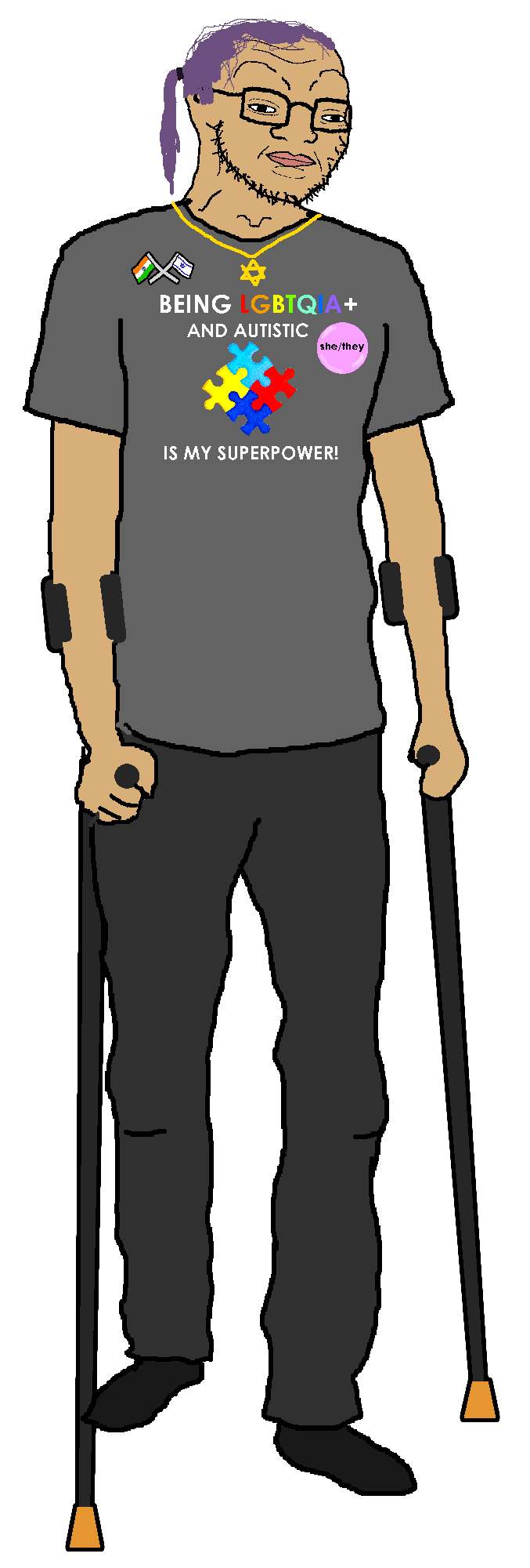 doedoedoe, soyak, spedjak, autism, brown skin, button, closed mouth, clothes, crutches, full body