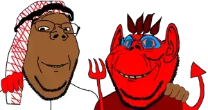 gapejak, impish soyak ears, wholesome soyjak, no more brother wars, arab, beard, bloodshot eyes, brown skin, clothes, demon
