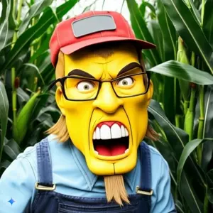 feraljak, angry, beard, brown hair, cap, cartoon, clothes, corn, glasses, hair