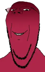 gapejak, wholesome soyjak, closed mouth, glasses, gradient, purple skin, soyjak, stretched chin