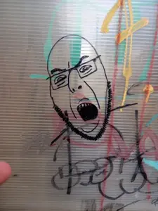 cobson, angry, glasses, graffiti, internet is leaking, open mouth, real life, soyjak, stubble