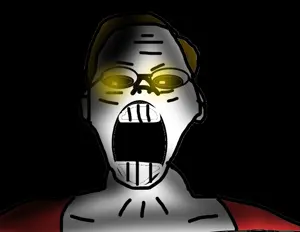yellowglow, black background, clothes, fal, glowing eyes, hair, open mouth, soyjak, yellow eyes