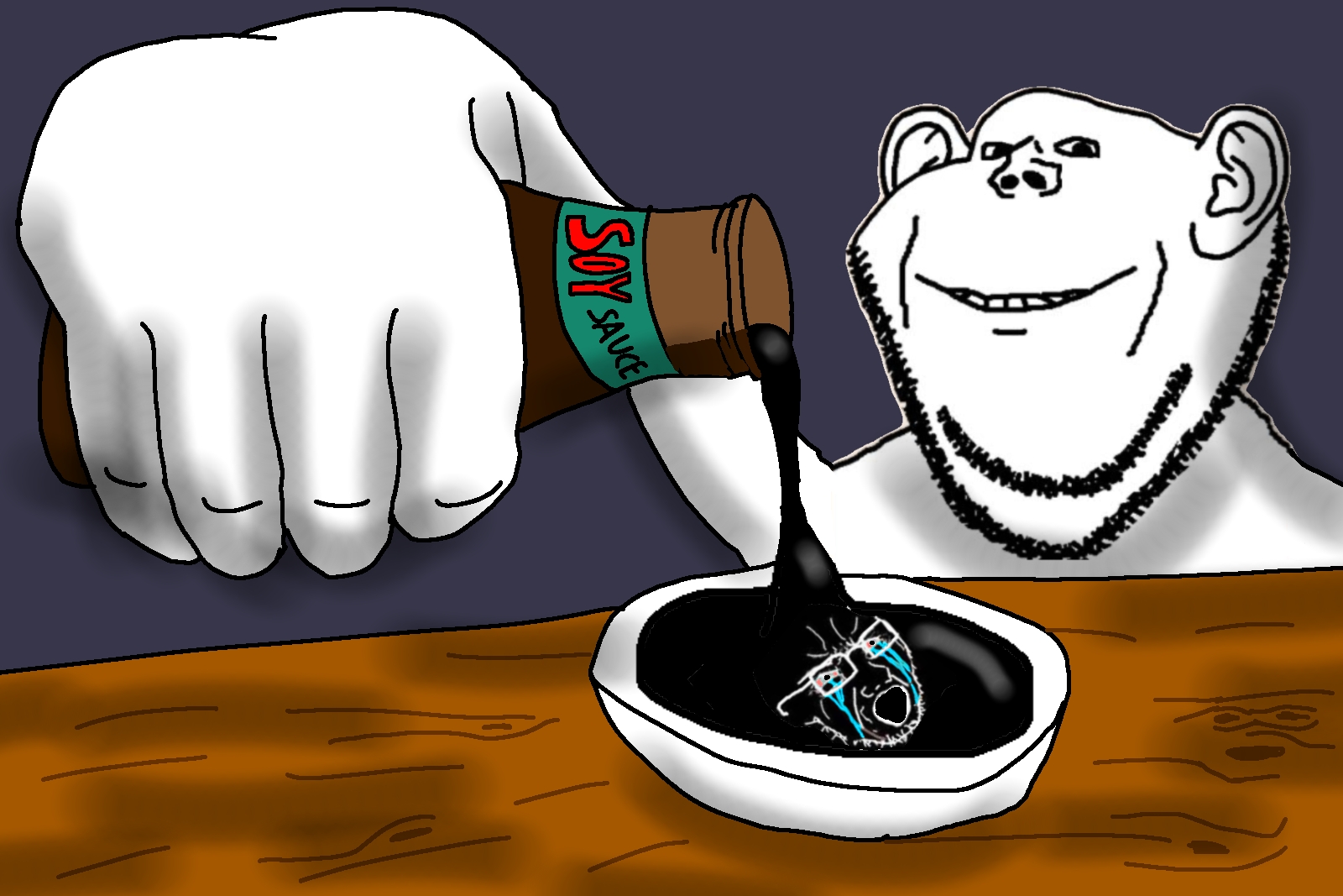 impish soyak ears, soyak, soyak (crying), 2soyjaks, arm, bald, black eyes, bottle, bowl, chin