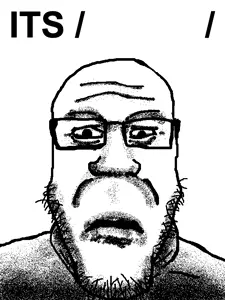 markiplier soyjak, its over, 1soyjak, bald, black eyes, closed mouth, english text, eyebrows, forehead lines, front view