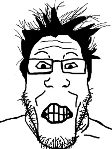 markiplier soyjak, 1soyjak, black eyes, black hair, clenched teeth, cringe, front view, glasses, gritting teeth, hair
