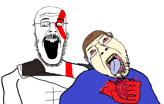 kratos, beastjak, bernd, 2soyjaks, arm, bald, bloodshot eyes, brown hair, buff, chestburster