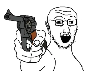 kuzjak, soyak, kuzjak gun, glasses, gun, holding gun, holding object, merge, open mouth, stubble