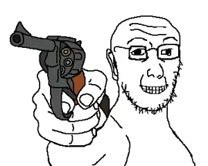 soyak, kuzjak gun, glasses, gun, hands, holding gun, holding object, smile, stubble, teeth