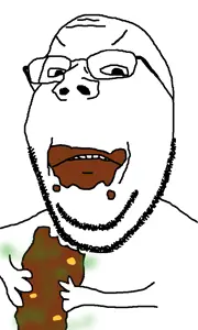 gapejak, wholesome soyjak, angry, arm, coprophagia, eating, frown, glasses, hands, holding object