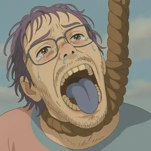 bernd, anime, bloodshot eyes, crying, open mouth, rope, soyjak, suicide, tongue