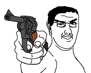 chudjak, kuzjak, kuzjak gun, big lips, bushy eyebrows, glasses, gun, hair, holding gun, holding object